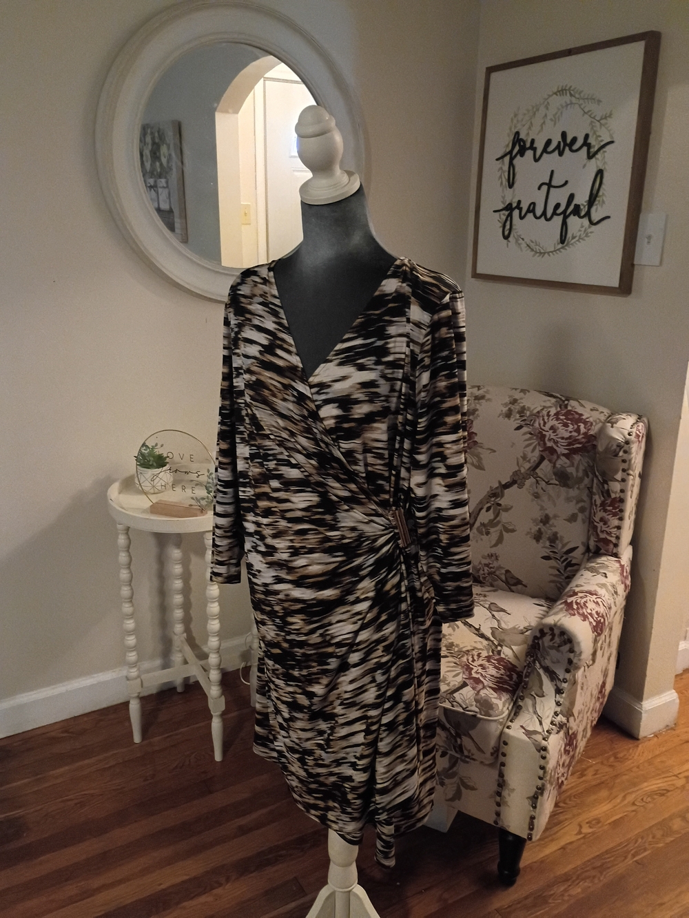 Calvin Klein Black Cream Brown Abstract Wrap Dress Sz. 2x Women's Plus Size